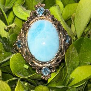 Larimar & Accent Filigree Ring 925 Sterling Silver Sz 9 Large diamond aquamarine